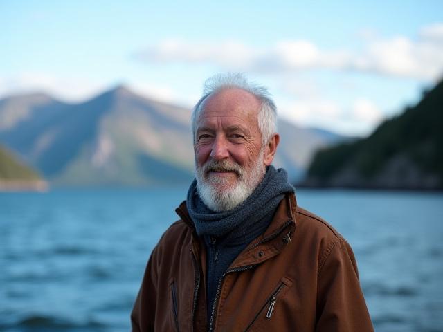 Portrett av Kaptein Einar Sørensen, grunnlegger av Leguan Lende, med norsk fjord i bakgrunnen.